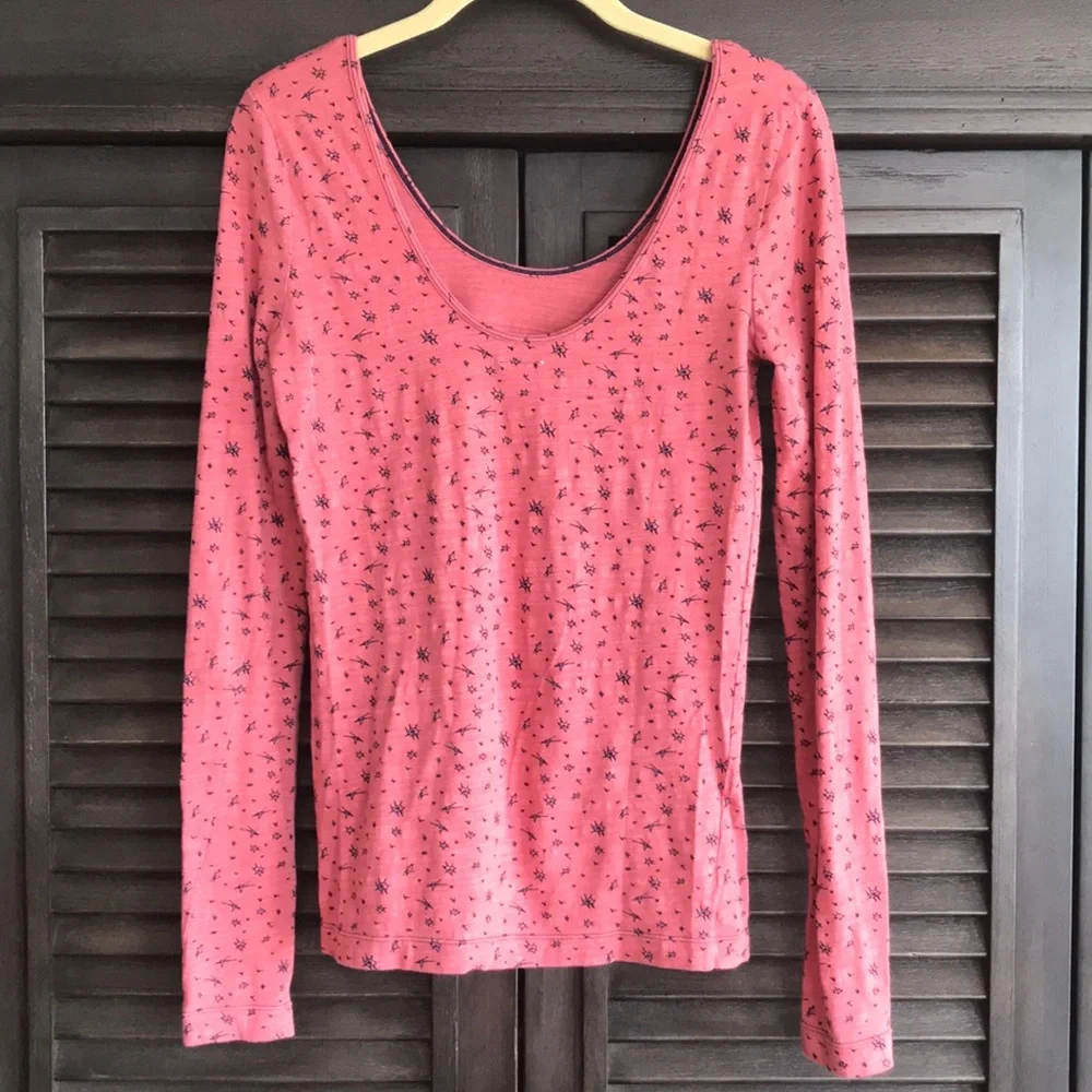 Free People Pink Floral Scoop Neck Long Sleeve Top